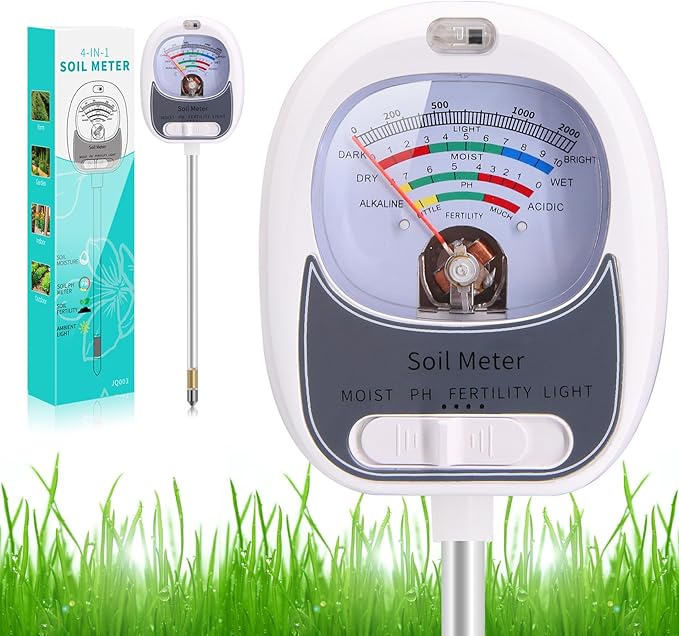HSLGOVE 4-in-1 Soil Test Kit – Soil Moisture Meter, pH, Fertility & Sun-Light, No Battery Required, Large Dial Soil Tester for Indoor & Outdoor Gardening, Lawn, Farm –Pearl White