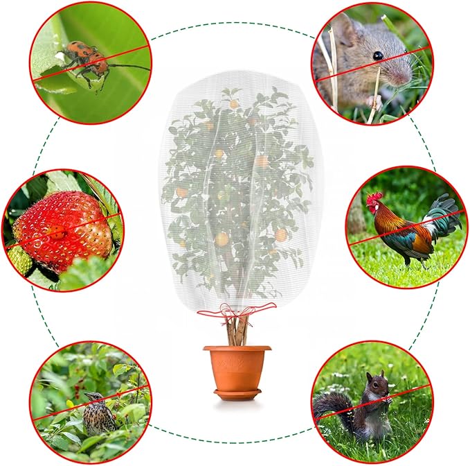 Kikhope 5 Pcs Insect Bird Barrier Netting Mesh with Drawstring- 41"x27" Garden Netting Pest Barrier Plant Cover- Fruit Tree Net for Protect Plant Fruits Flower Vegetables from Insect Bird Eating
