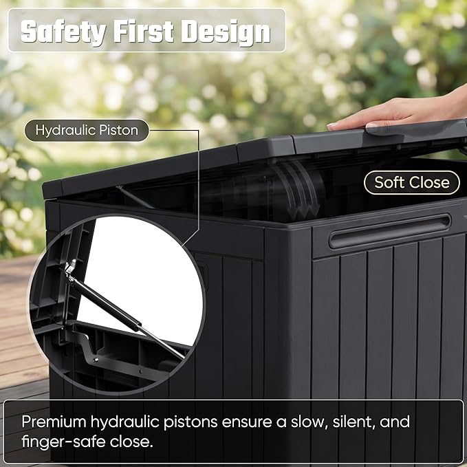 Greesum 110 Gallon Outdoor Storage Box with Lockable Lid, All-Weather for Patio Furniture, Pool Supplies & Garden Tools, Waterproof, UV-Resistant Large Deck Box, Dark Black