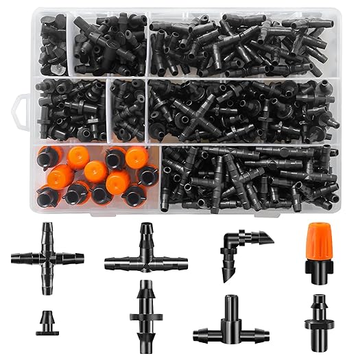 250-Piece Drip Irrigation Fittings Kit for 1/4" Tubing, Complete Set of Barbed Connectors for Drip System Setup (Nozzles, Nozzle Tees, Single Barbs, Couplings, Tees, Elbows, Plugs, Crosses)