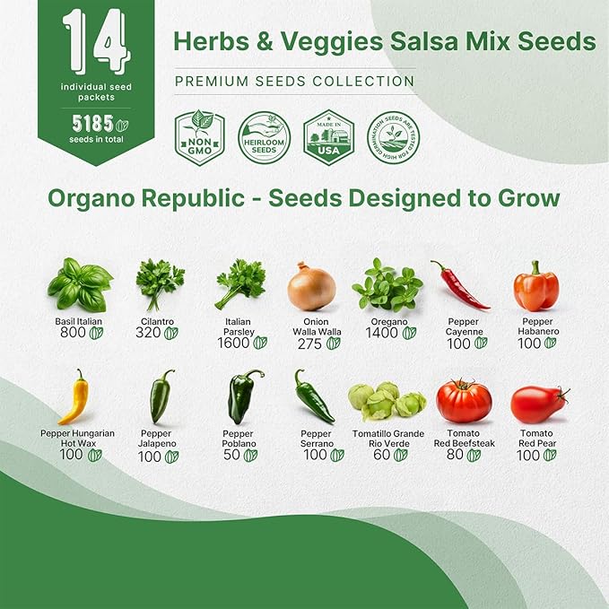 Organo Republic 14 Herb, Tomato & Chili Pepper Gardening Seeds Salsa Variety Pack for Outdoors & Indoor Garden 5180+ Non-GMO Heirloom Seeds Cilantro, Basil, Oregano, Parsley, Onion, Pepper Tomato Seed