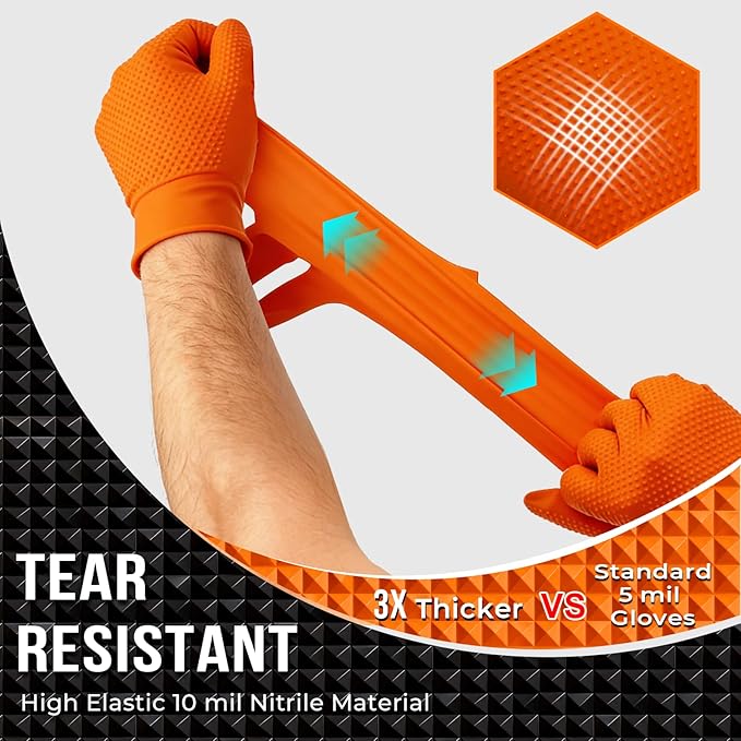 10 Mil Nitrile Disposable Gloves Heavy Duty Mechanic Gloves Raised Diamond Texture Thick (Orange of 1000,Medium)