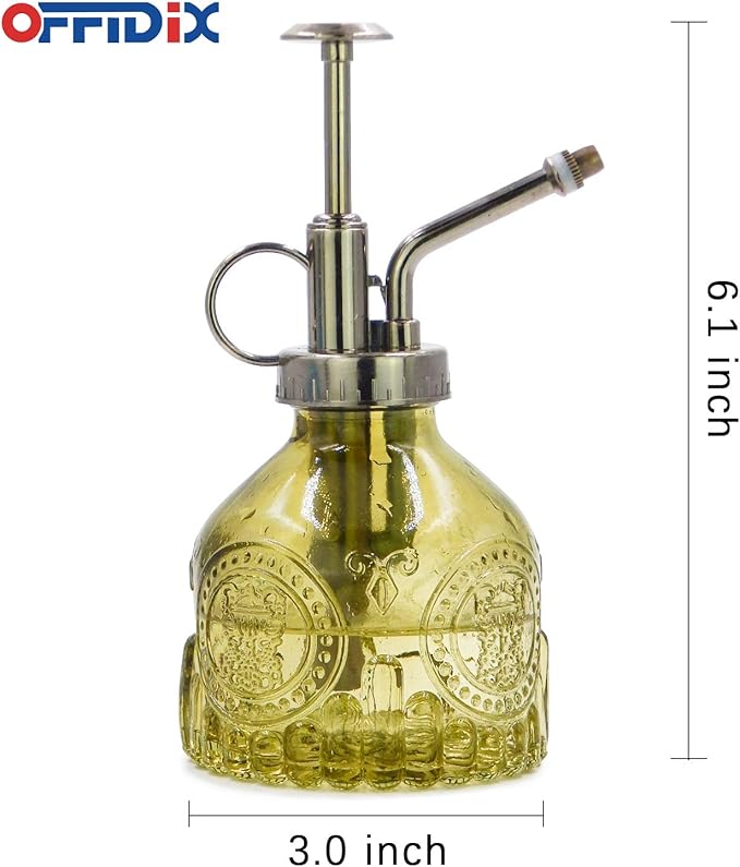 OFFIDIX Plant Mister, Small Watering Can Indoor 6.3" Tall Vintage Plant Spritzer Watering Can, Succulent Watering Bottle with Plastic Top Pump Glass Spray Bottle for Indoor Potted Plants (Olive Green)