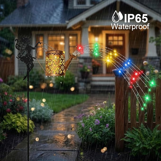 Solar Watering Can with Cascading Lights Outdoor Garden Decor,Waterproof Solar Lantern with Fairy Shepherd Hook,Solar Fairy Lights Outdoor Decoration,Unique Garden Gifts for Women, Flow RGB
