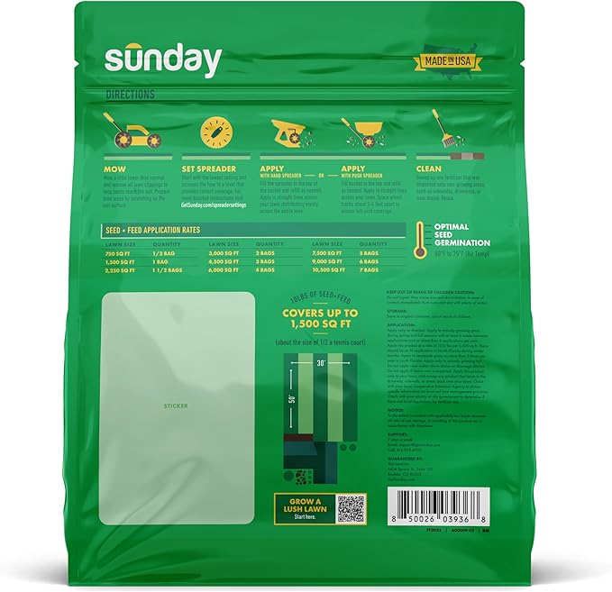 Sunday South Seed + Feed – Heat-Tolerant Grass Seed and Fertilizer for Southern Lawns - 9-0-2 NPK Mic - 10lbs