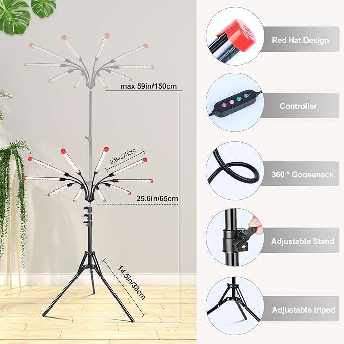 FECiDA Gamechanger! 90 Watt Power Draw, NO Need Adapter, 10Head Grow Light with Tripod Stand, 2026 Big Coverage LED Grow Lights for Indoor Tall Plants, Bonsai Tree, 4/8/12/16/20H Timer