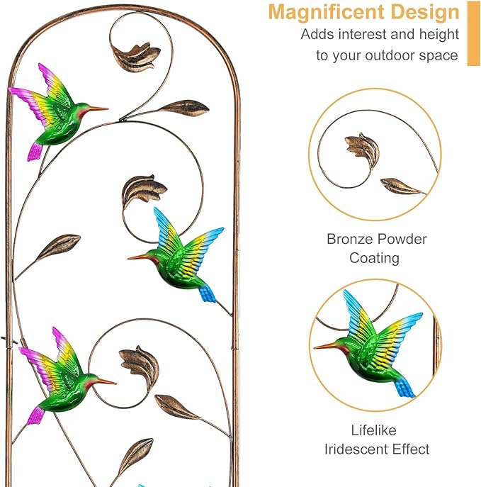 2 Pack Metal Garden Trellis with Colorful Hummingbird 60 Inch High Outdoor Decoration Arched Fence Trellis for Climbing Plants for Patio, Lawn, Yard, Backyard, Wall Brackets