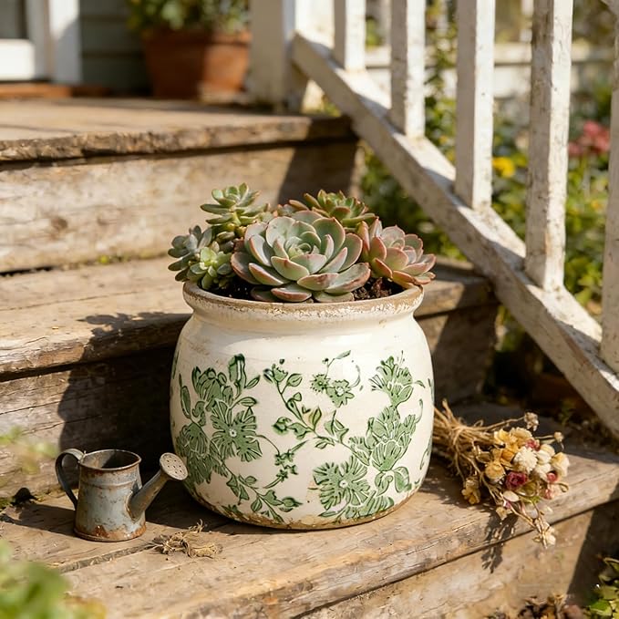 Flower Pots Planters for Indoor Plants Ceramic Plant Pots with Drainage 6.1 Inch Vintage Ceramic Pots for Plants Outdoor Home Garden Decor, Crackled Green Peony