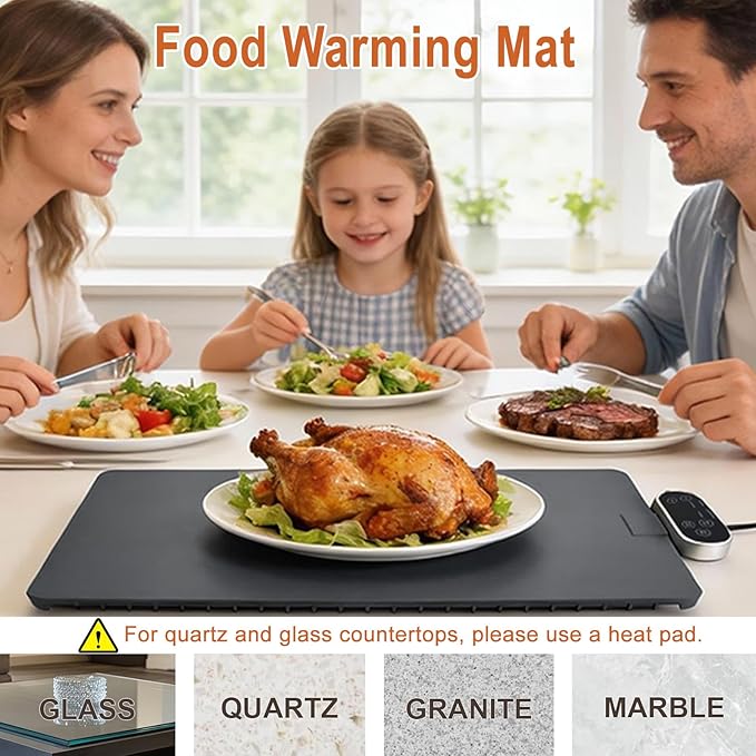 Warming Mat for Food & Food Heating Mat - 6-Temp 4-Hour Timer Electric Silicone Mat, Portable Warmer for Buffet, Party & Family Dining, 24"x15.7"