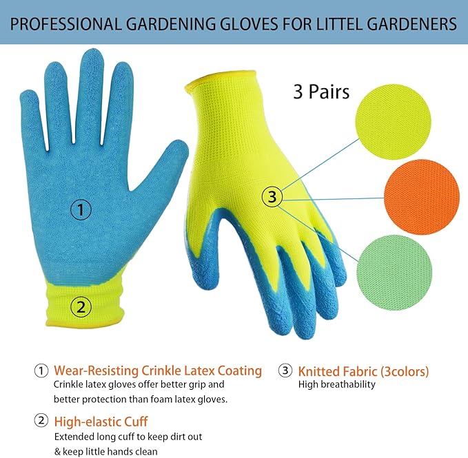 Toddlers Sized Gardening Gloves, 3 Pairs Non-Slip Kids Garden Gloves, Little Childrens Latex Coated Yard Work Gloves (Size 2 (Age 2-4 Year Old))