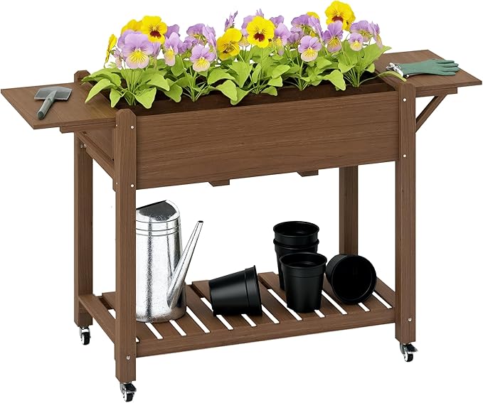 Outsunny Raised Garden Bed, 57 x 20.5 x 34 in Wood Elevated Planter Box with Lockable Wheels, Side Tables and Bottom Shelf, Outdoor Raised Planter with Bed Liner and Drainage Holes, Carbonized
