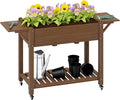 Outsunny Raised Garden Bed, 57 x 20.5 x 34 in Wood Elevated Planter Box with Lockable Wheels, Side Tables and Bottom Shelf, Outdoor Raised Planter with Bed Liner and Drainage Holes, Carbonized