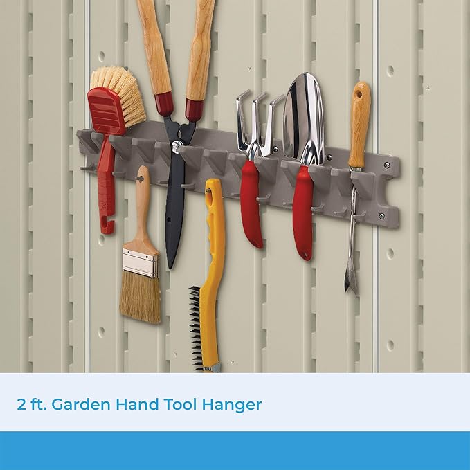 Suncast V713 2 Foot Wall Mounted Garage Garden Hand Tool Organizer with Smart Tilt Back Design and 30 Pound Total Capacity, Platinum, 2 Pack