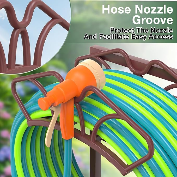 Upgraded Garden Hose Holder with Large Basket, Heavy Duty Water Hose Holder Supports 160-ft Hoses, Freestanding Detachable Hose Stand Storage Reel Hanger Rack for Yard Lawn Farm, Bronze