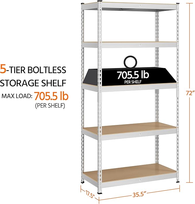Yaheetech Storage Shelves, 5 Tier Heavy Duty Adjustable Metal Shelving Unit, Industrial Utility Rack for Garage Warehouse Pantry Closet (35.5 W x 17.5 D x 72 H Inches, Silver)