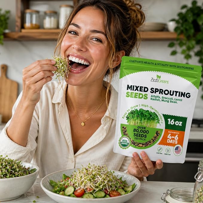 ZestiGreens Fresh Sprouting Seeds Mix (16oz), Fresh Salad Blend - USA Grown Microgreens Mix with Alfalfa, Broccoli, Radish, Mung Bean & Lentil - Over 80,000 Seeds