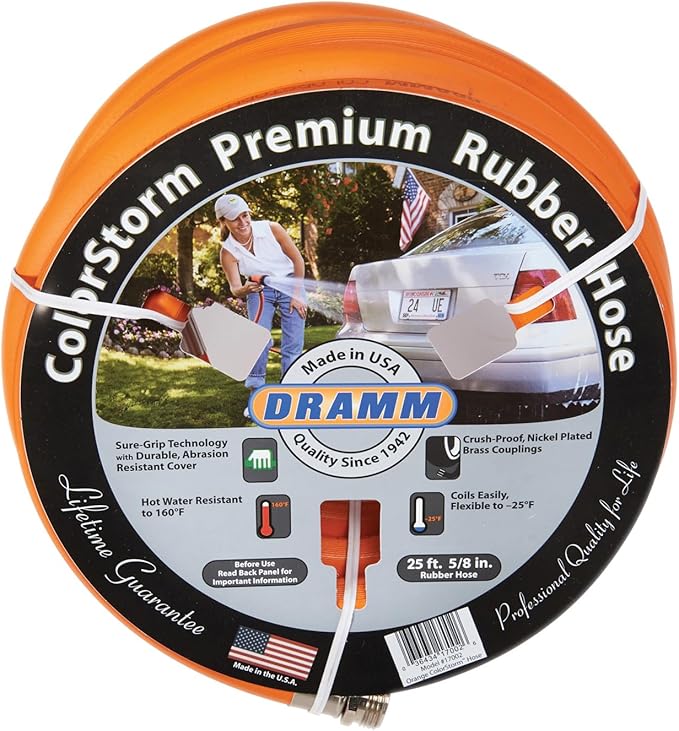 Dramm ColorStorm Premium Rubber Garden Hose – 50 ft Heavy Duty 5/8" Water Hose – Kink Resistant, Crush-Proof Nickel-Plated Couplings – Made in USA - Orange