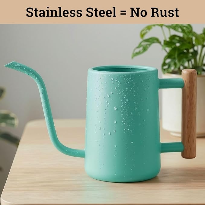 35 oz Metal Small Indoor Watering Can with Long Spout & Real Wood Handle for House Plants, Succulents, Cacti & Seedlings - Green Long Spout Watering Can Indoor Plants - Stylish, Gentle Flow, No Spills