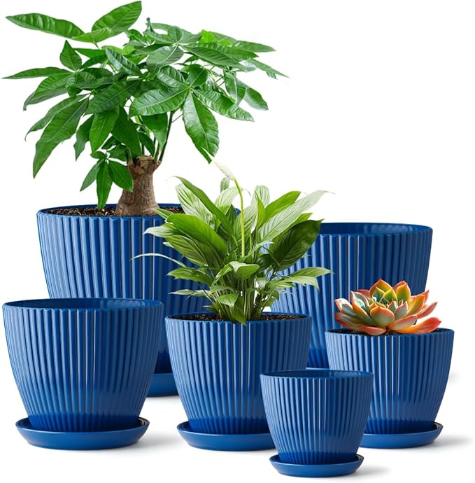 RooTrimmer 7.5/6.5/5.5/4.9/4.2/3.5 Inch Plant Pots with Saucers & Drain Holes - Indoor/Outdoor Flower Pots for Succulents, Herbs, Cactus - Modern Lightweight Durable Planter Set, Blue