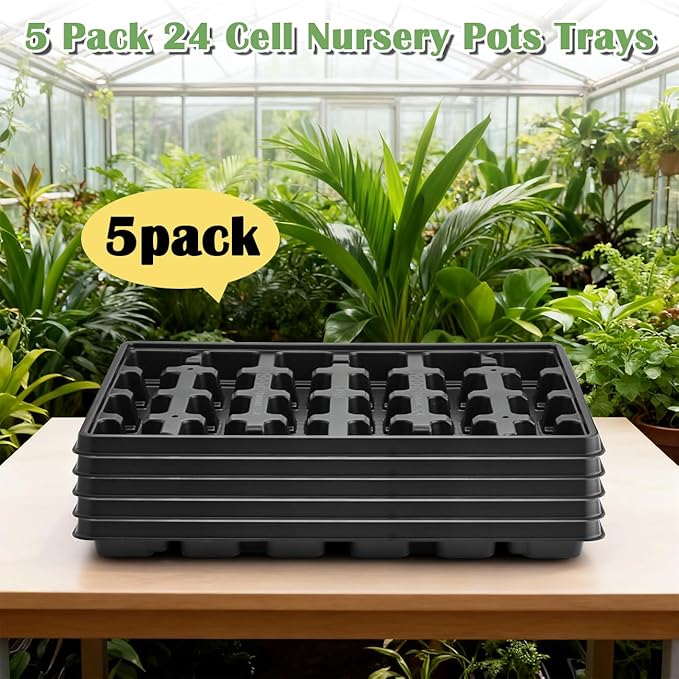 24 Cell Nursery Pots Trays 5 Pack (17"x11"x1.6"), Reusable Plant Pot Tray for Holding 3 inch Square Nursery Pots, Durable Plastic Carrying Seed Starter Tray with Drain Holes (Black)