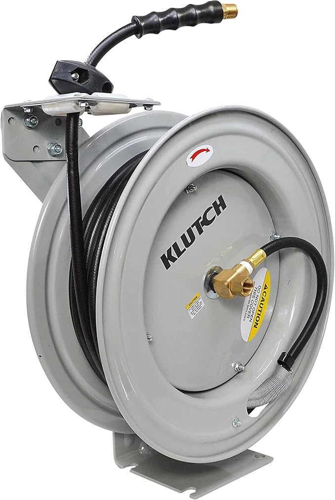 Klutch Auto Rewind Air Hose Reel - with 3/8in. x 50ft. Rubber Hose, 300 PSI