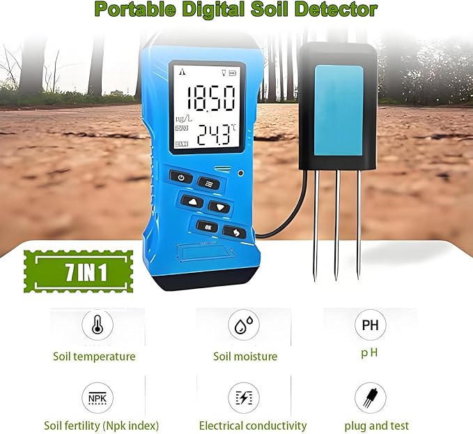 Soil Moisture NPK PH EC Meter Tester, Soil PH Meter for Garden, Digital PH Meter for Soil, No Reagents Required, Clear Under Low Light Conditions, Soil Fertility Test
