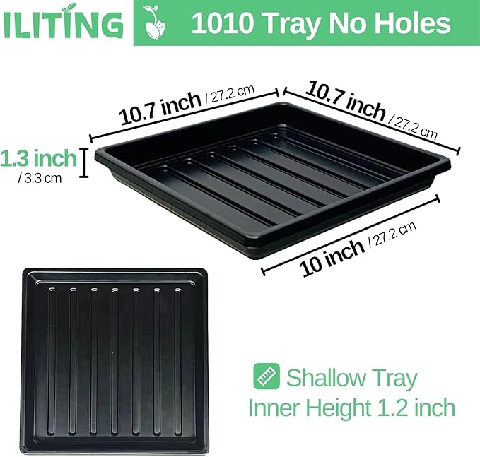 Plant Growing Trays for Seedlings Microgreen Seed Starter Shallow Plants Tray Drip Tray Standard 1010 Tray no Holes 5 Pack Black 10.7 x 10.7 inches Square Trays