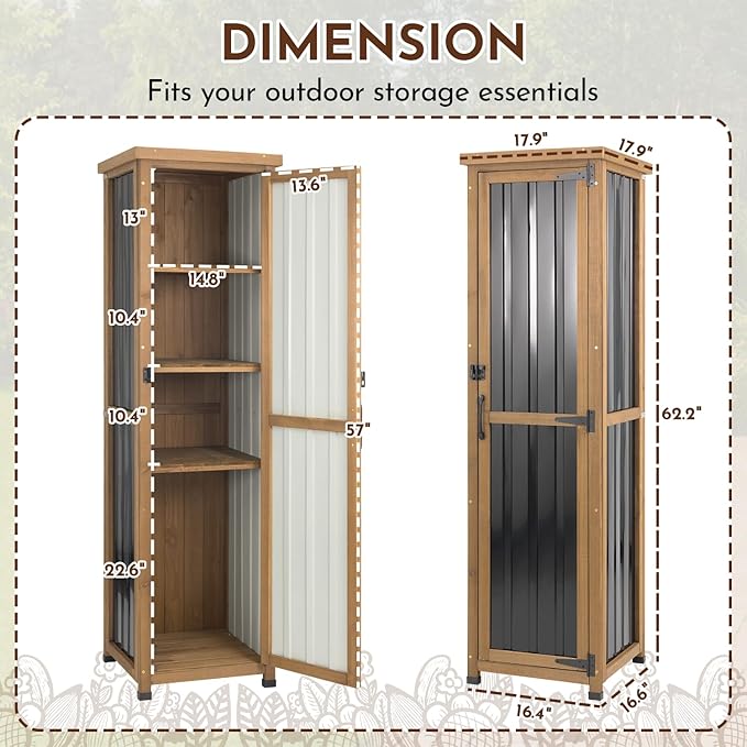 Ketive 62" Tall Outdoor Storage Cabinet, Narrow Garden Storage Cabinet with Adjustable Shelves, Slim Wood & Metal Tool Organizer for Patio, Garden, Porch, Garage or Indoor Storage