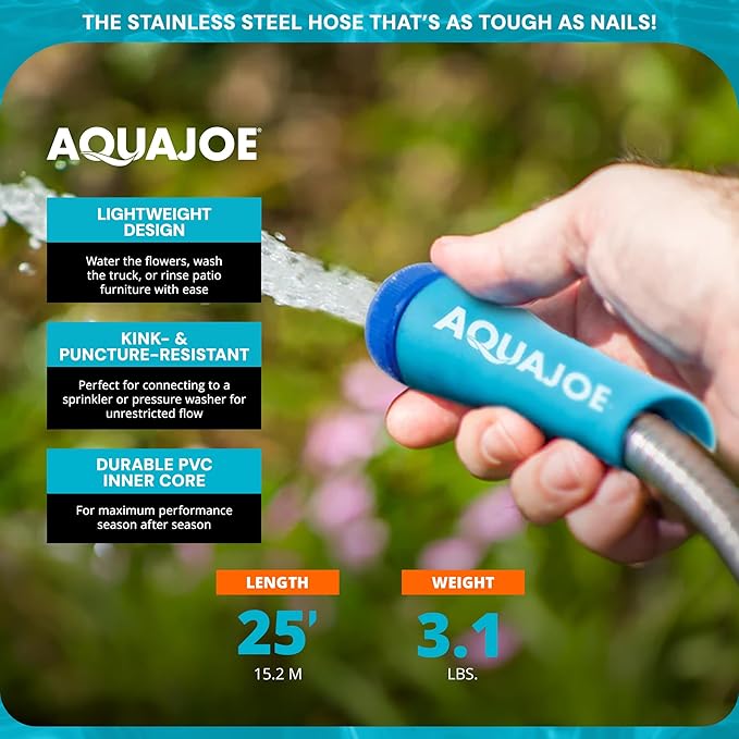 Aqua Joe AJSGH25 1/2-Inch Heavy-Duty, Puncture Proof Kink-Free, Spiral Constructed 304-Stainless Steel Metal, Garden Hose, 25-Foot