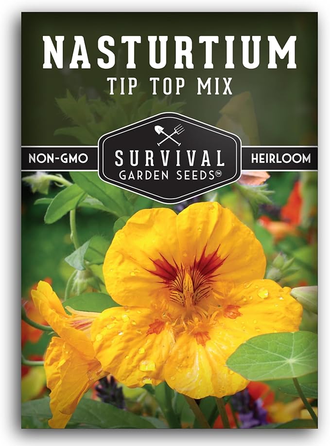Nasturtium Seeds for Planting Outdoors – Tip Top Mix Heirloom Variety of Edible Flowers & Companion Plants, Non-GMO Seeds for Home Gardens - Survival Garden Seeds (1 Pack)