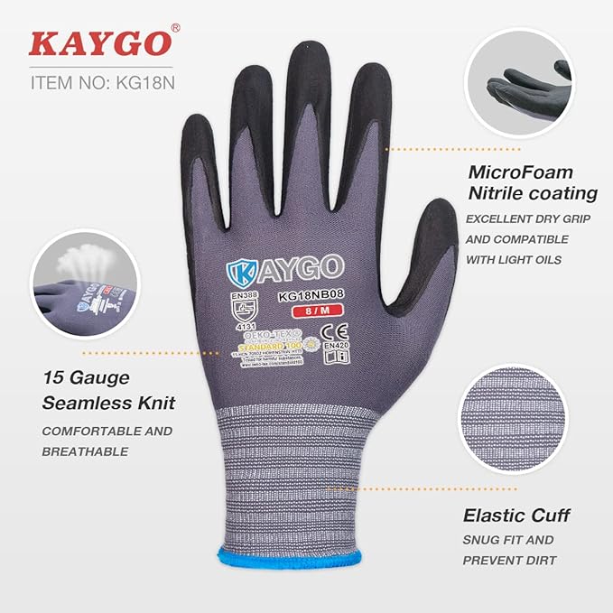 KAYGO Safety Work Gloves MicroFoam Nitrile Coated, 12 Pairs KG18NB,Seamless Knit Nylon Glove for Men and Women, Ideal for Automotive,Warehouse,Construction (M,Red)