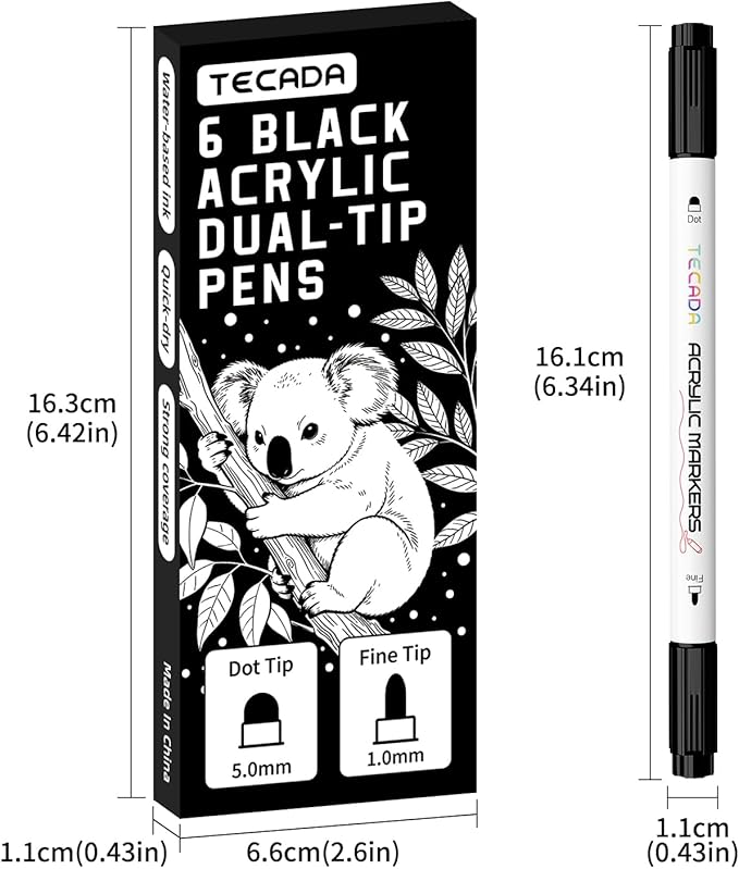 6 Black Acrylic Paint Markers, Dual-Tip Acrylic Paint Pen for Rock, Fabric, Wood, Plastic, Canvas, Ceramic, Glass, Metal, DIY Crafts Art Supplies, Dot and Fine Tips