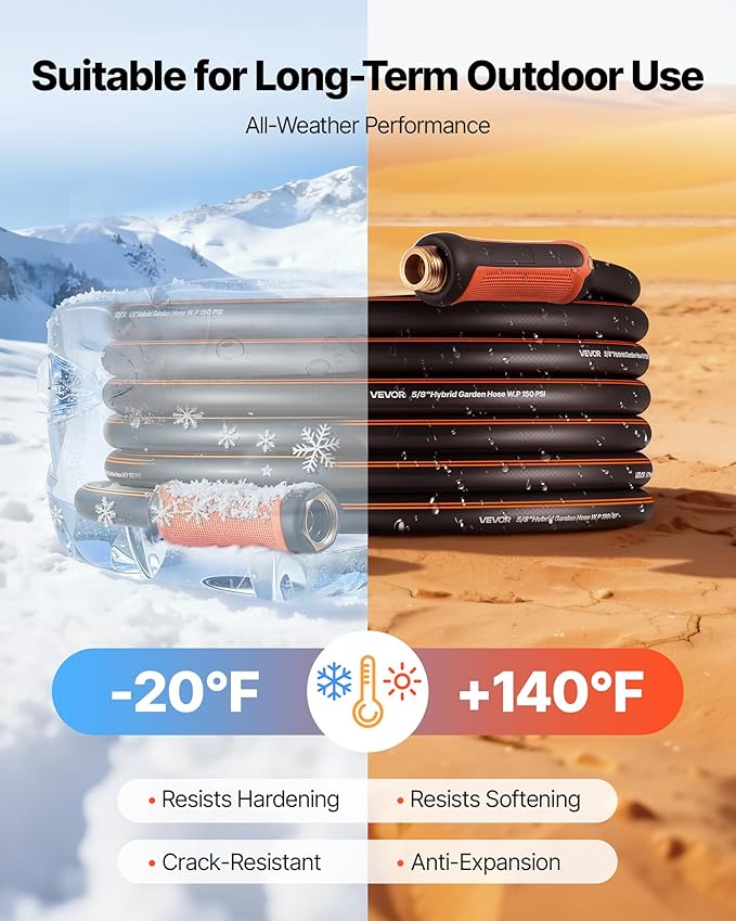VEVOR Garden Hose, 50 ft 5/8" Heavy Duty 4-Layer Rubber Water Hose, 150PSI Working & 600PSI Burst, Flexible & Non-kink Outdoor Waterhose with 3/4" Fitting, Lightweight Hoses for Gardening Cleaning