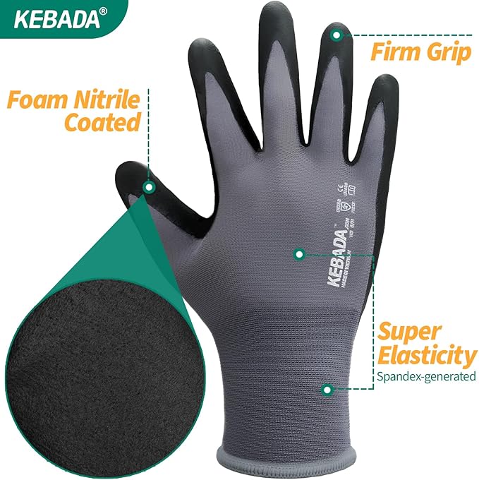 Kebada W5 Work Gloves Bulk Pack (60 Paris), Foam Nitrile Coated Working Gloves with Grip, Ultra Stretchable Spandex Knit Gloves for Gardening and Light Duty Mechanic Work, Large (Made in Vietnam)