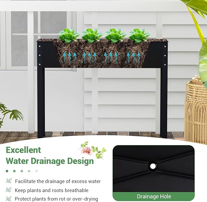 Giantex Raised Garden Bed, Metal Planter Box with Legs, Drain Hole, Outdoor Indoor Elevated Garden Box for Vegetable Flower Herb Fruit, Standing Raised Beds for Backyard Porch Balcony Black