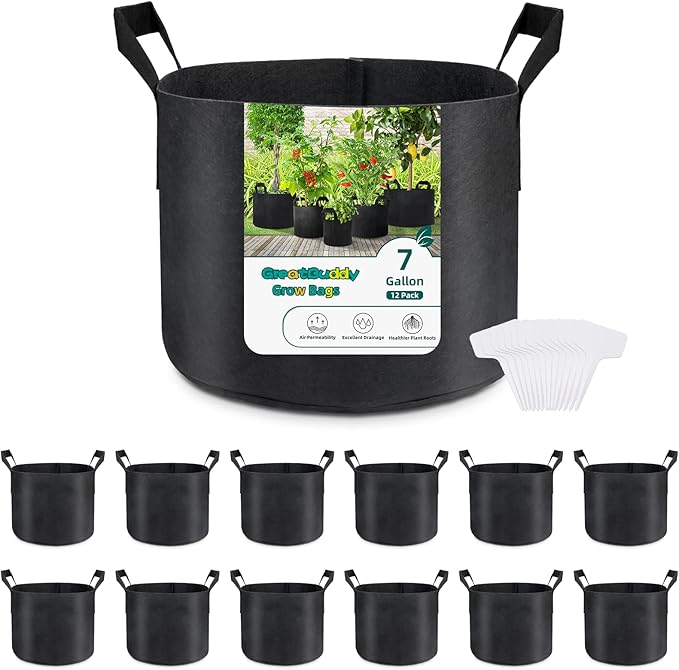 GreatBuddy 7 Gallon Grow Bags 12-Pack, Thick Fabric Pots for Plants, Sturdy Handles & Reinforced Stitching, Labels Included, Black