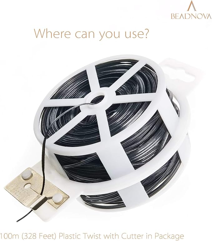 BEADNOVA Twist Tie 328 Feet (100m) Bread Ties Gardening Ties Black Plant Ties Multipurpose Plastic Coated Plant Twist Tie with Cutter for Potted Plants Garden Office and Home