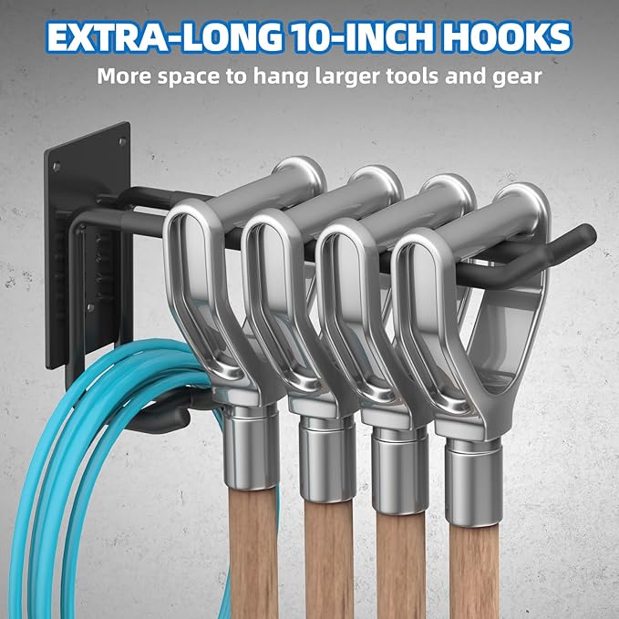 8 Pack Garage Hooks Heavy Duty 10 INCH Two-Tier Steel Shed Wall Mount Workshop Garage Storage Organizer Hooks for Hanging Garden Tool, Hose, Ladder, Chairs, Bikes with Anti-Slip Coating