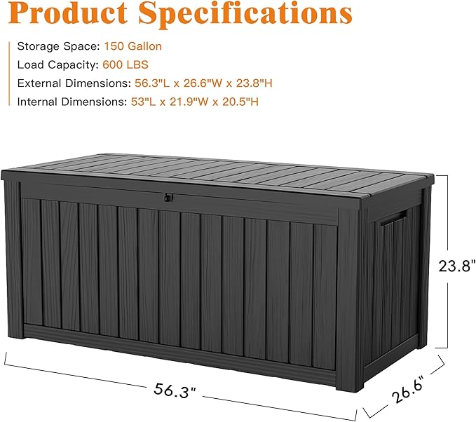 Outdoor Large Storage Cabinet Deck box, 150 Gallons Waterproof Heavy Duty Deck Box, Lockable Patio Storage box for Garden Tools, Lawn Mower, Bike, Trash Cans, Pool Supplies