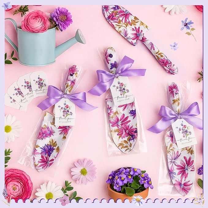 Capoda 12 Sets Floral Garden Shovels Bulk Gardening Gift for Women Garden Tools Floral Hand Heavy Duty Christmas Trowels Thank You Cards with Bags for Mom Gift Birthday Teacher(Purple,Elegant)