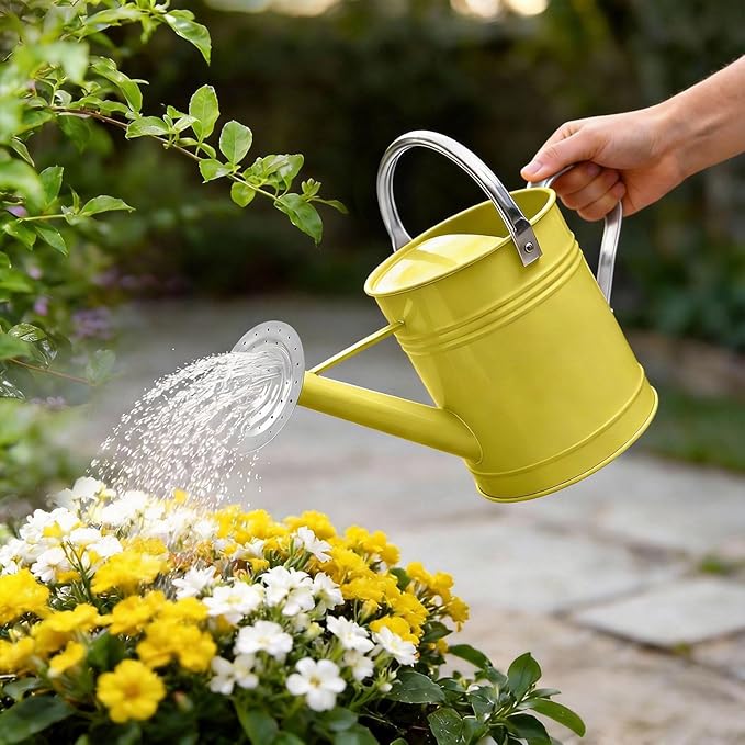 Metal Watering Can for Outdoor Plants, 1.7 Gallon Yellow Garden Watering Can for Flower, Houseplants, Galvanized Finish