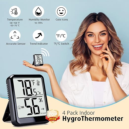4-Pack Room Thermometer Indoor Hygrometer, Small Digital Temperature and Humidity Monitor Sensor, Temperature Humidity Gauge Meter for Home Baby Room, Plants, Pets - AAA Battery Included