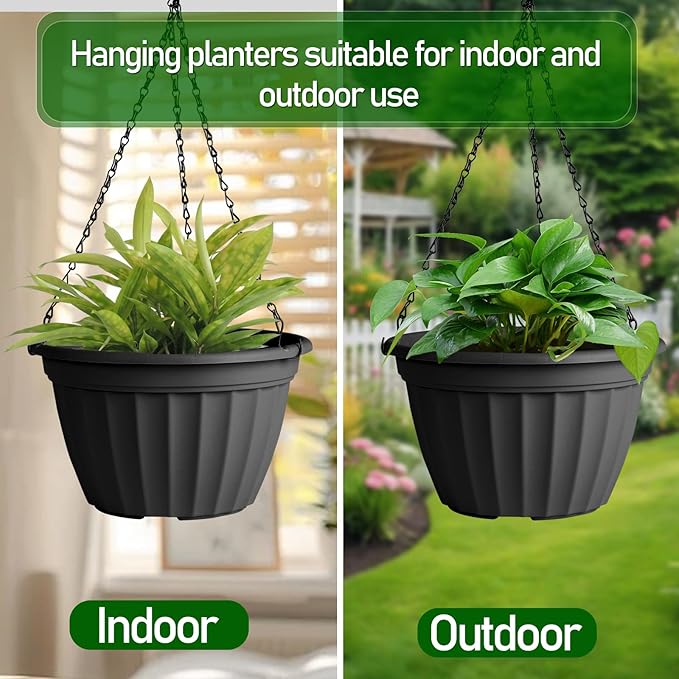 FGstyle Hanging Planters 10 Inch, 4 Pcs Self Watering Pots for Indoor Plants,Plastic Hanging Basket with Soil Elevator and 20" Chain for Home Garden Porch Balcony Patio Decor(Black)