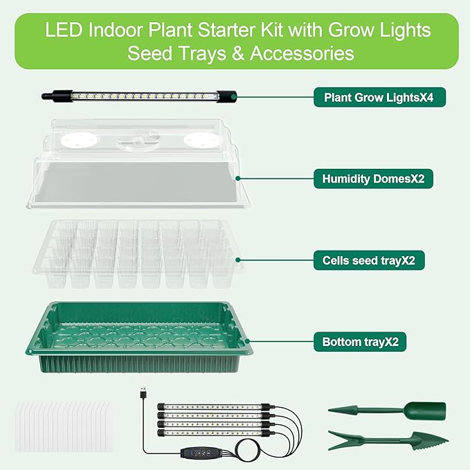 Seed Starter Tray with Grow Light, 2 Pack 80 Cells Seed Starter Kit, Complete System with Humidity Dome, Full Spectrum LED, Dimmable Timer for Indoor Gardening & Seedlings