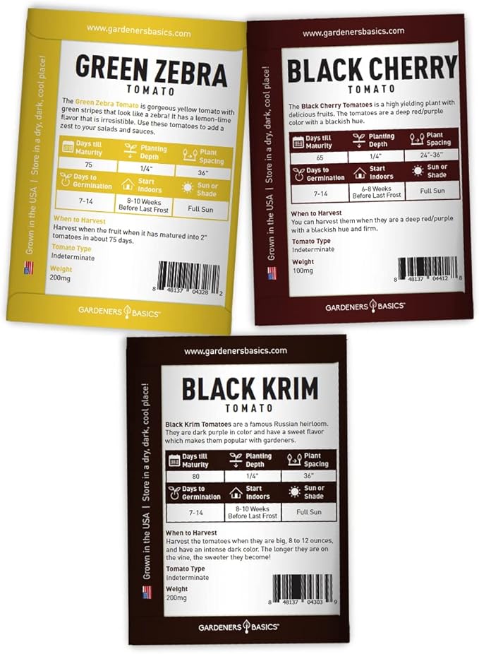 Gardeners Basics, 5 Rare Tomato Seeds for Planting Variety Pack Heirloom Tomato Seeds, Cherokee Purple, Black Krim, Pineapple, Green Zebra, Black Cherry, Determinate and Indeterminate & More, Non GMO