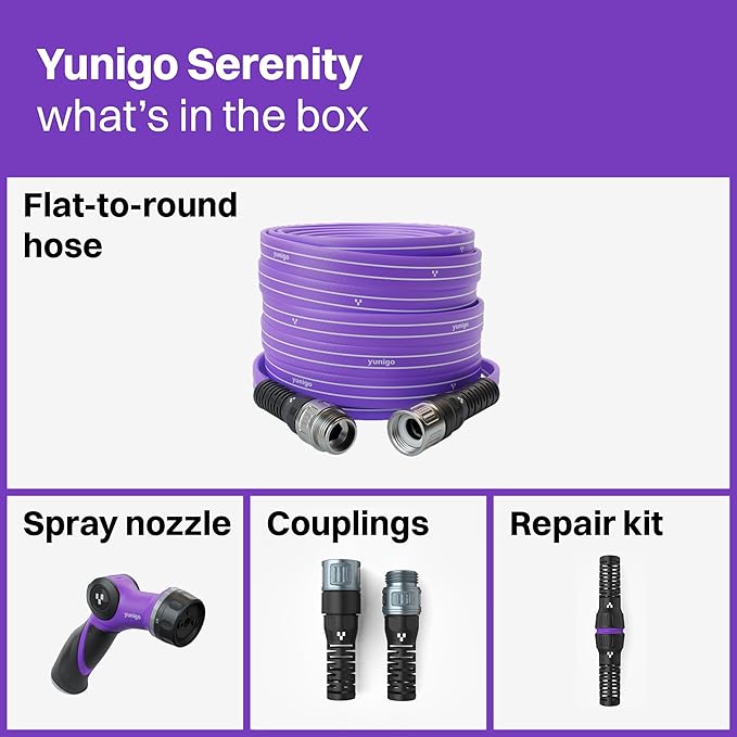 SERENITY 50ft Flat-to-Round Purple Garden Hose – Lightweight, No-Kink, Abrasion-Resistant TPV Hose with Durable Aluminum Fittings, Spray Nozzle & Hose Mender, Ideal for Home & Garden Watering