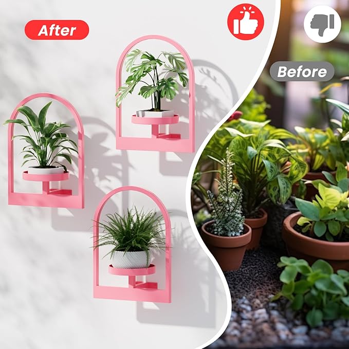 Wall Plant Shelf, Hanging Frame Decor Planter for Indoor Plants, Wall Plant Holder for Living Room/Entryway/Garden Flower Pot Holder Free Garden Shears (Arc-Pink, 2Pcs)