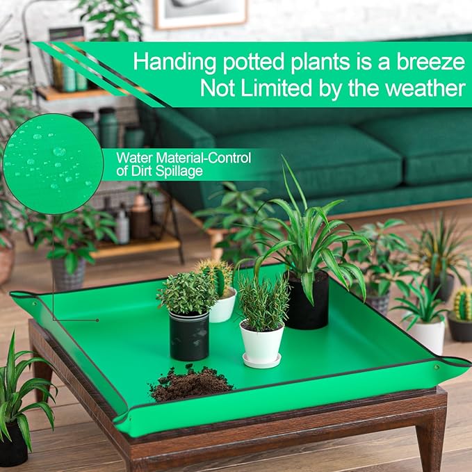 Emycool 39.5" x 39.5" Extra Large Repotting Mat for Indoor Plants Transplanting and Mess Control, Waterproof Potting Soil Mat Portable Potting Tray Gardening Gift for Women, Green