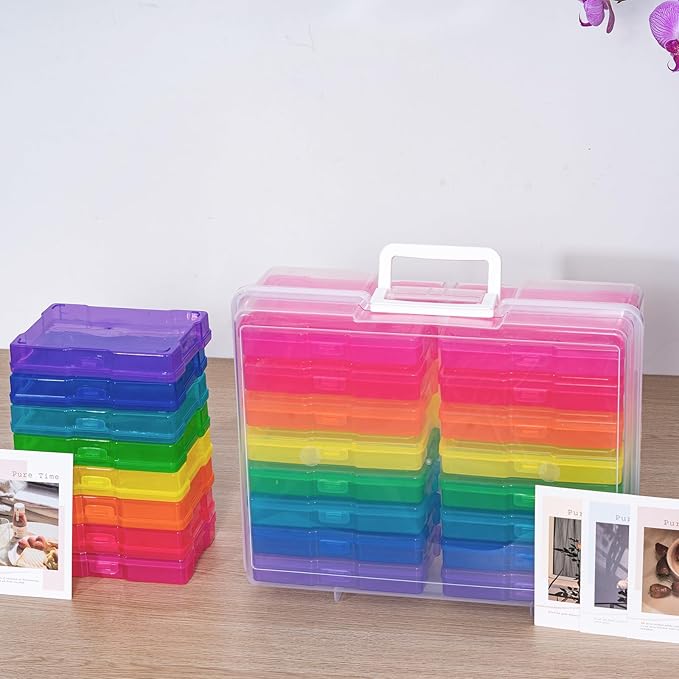 novelinks Transparent 4" x 6" Photo Cases and Clear Craft Keeper with Handle, 16 Inner Photo Organizers & Photo Storage Box, Plastic Photo Storage Containers (Multi-colored)