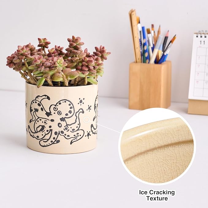 STHIE 5 Inch Ceramic Plant Pots with Drainage Holes, Small Round Flower Pots for Indoor Plant, Unique Animal Flower Planters (Octopus)